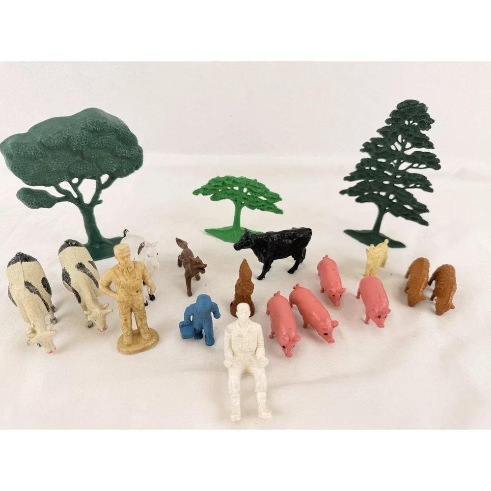 Vintage Plastic Farm Animals Figures Lot Marx MPC Trees Farmer Pigs Cow Horse